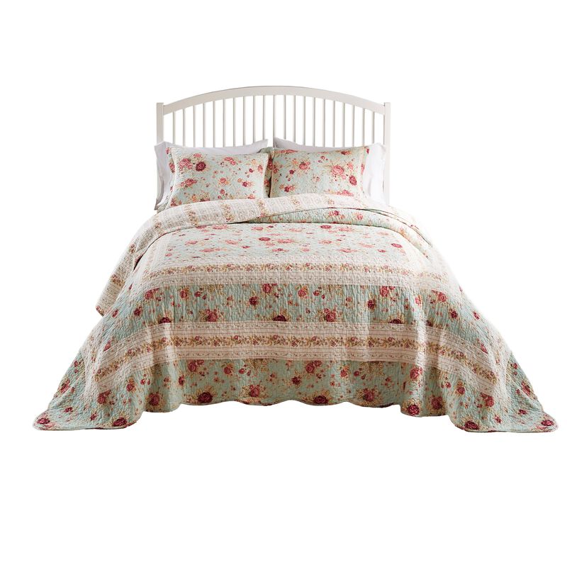 Rosle 3pc King Bedspread Set, 2 Shams, Reversible Rose Print, Blue Cotton
