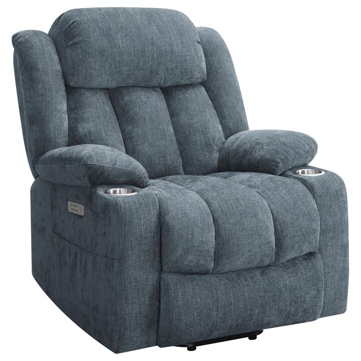 Limi Power Lift Recliner Chair, Slate Blue, USB Port, Cupholders - Benzara