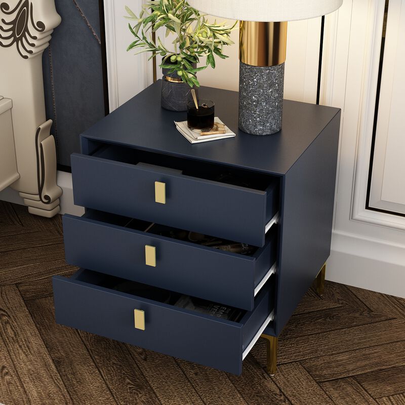 Black 3-Drawers 19.6 in. Width x 21.3 in. Height Wooden Nightstand, Bed Side Table with Golden Legs for Bedside Storage
