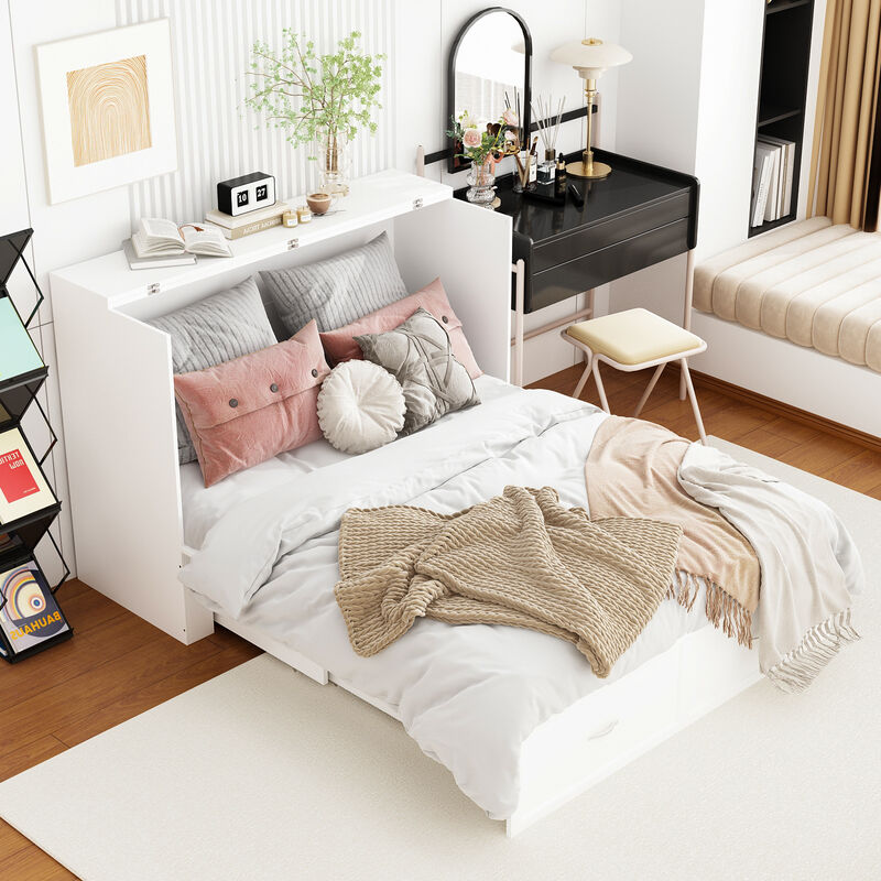 White Wood Frame Full Size Bed Murphy Bed Chest Cabinet With 2-Large Drawers, USB Charging Station and Wheels