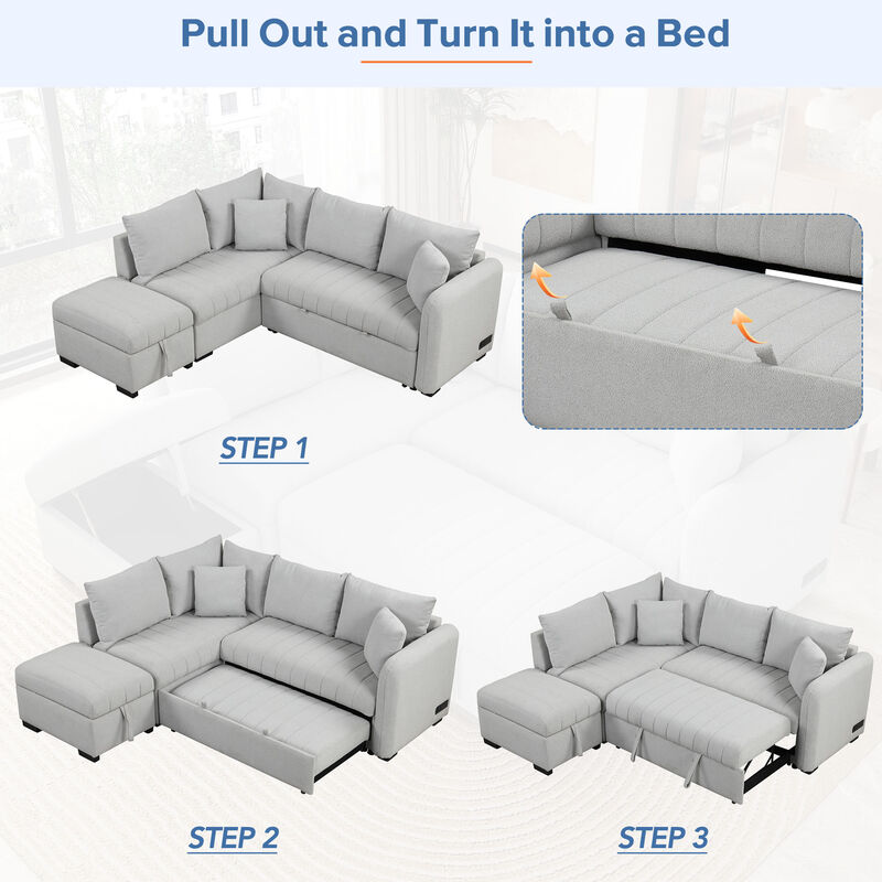 Merax L-shaped Sectional Pull Out Sofa Bed Sleeper Sofa with 2 USB Ports