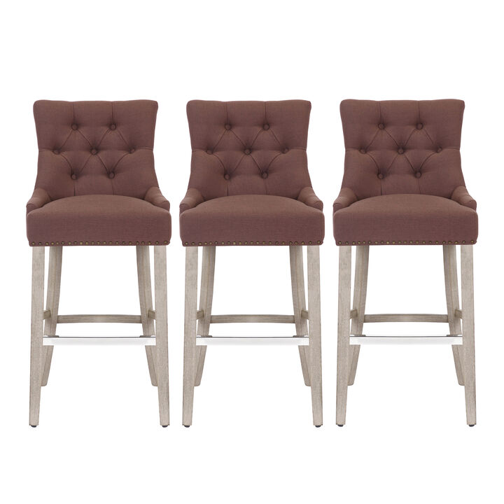 WestinTrends 29" Linen Fabric Tufted Upholstered Bar Stool (Set of 3), Antique Grey