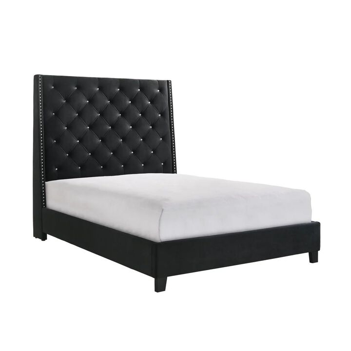 Benjara Maze Queen Size Bed, Button Tufted, Nailhead Trim, Black Fabric Upholstery