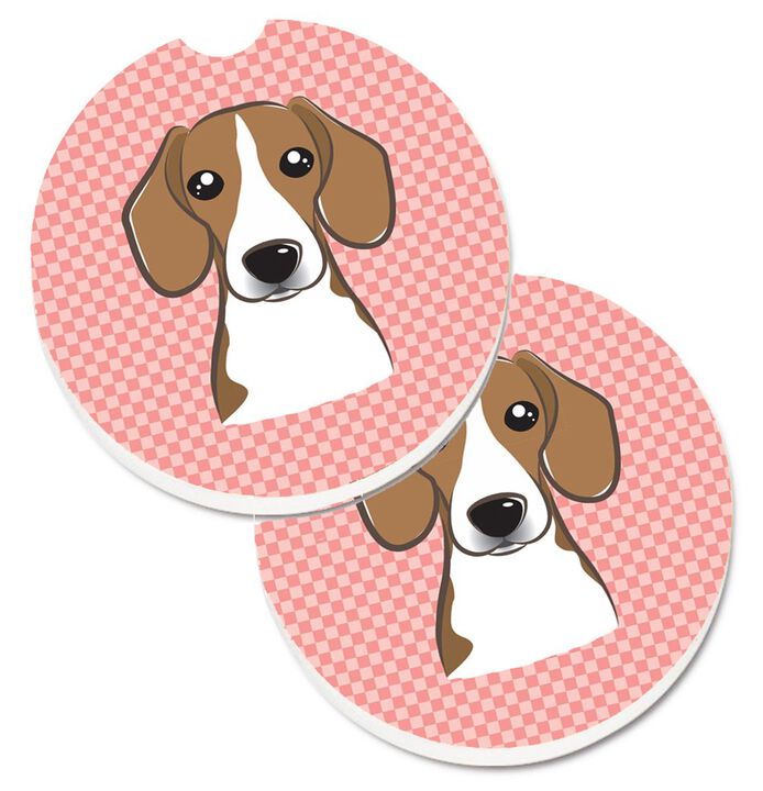 Caroline's Treasures Checkerboard Pink Beagle Set of 2 Cup Holder Car Coasters BB1239CARC, 2.56, Multicolor