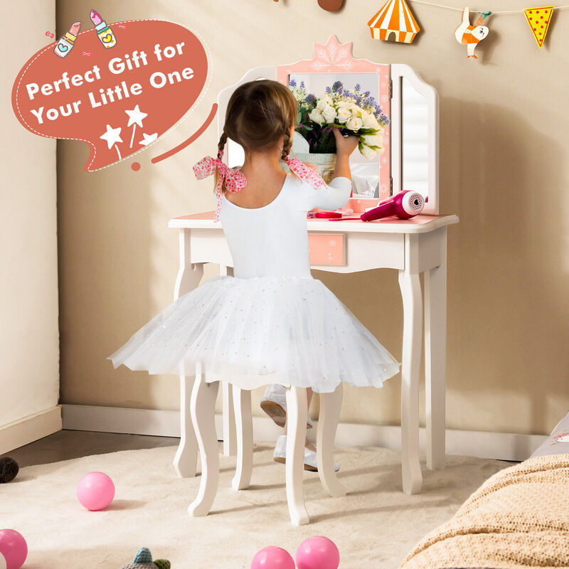 Princess Vanity Table and Chair Set with Tri-Folding Mirror and Snowflake Print
