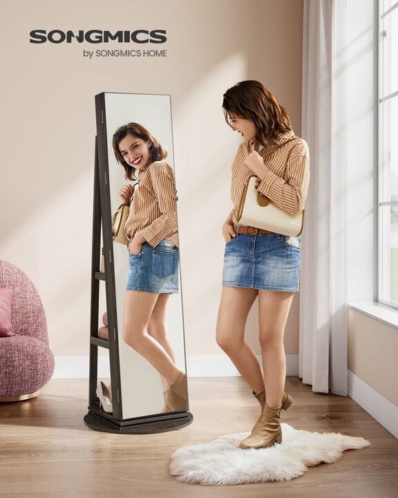 360° Swivel Lockable Jewelry Armoire with 6 LEDs, Frameless Full-Length Mirror, and 3 Storage Shelves