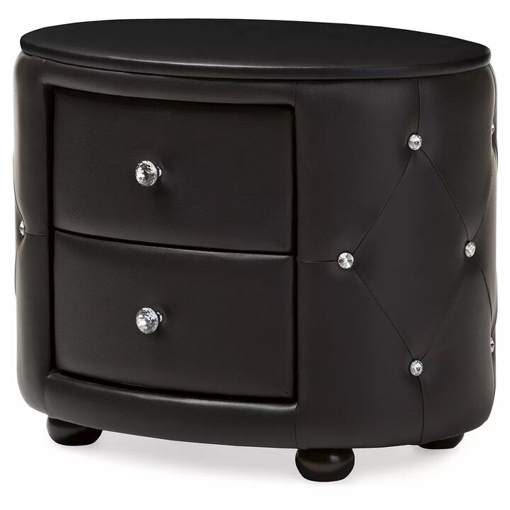 Baxton Studio Glamour Style Oval 2-Drawer Black Faux Leather Upholstered Nightstand