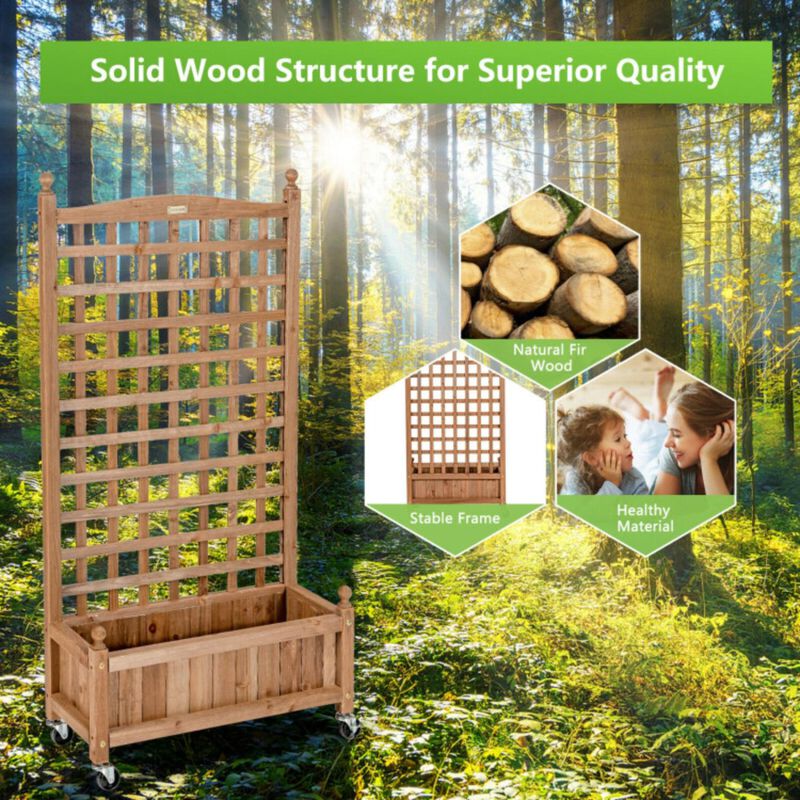 Hivvago 50 Inch Wood Planter Box with Trellis Mobile Raised Bed for Climbing Plant