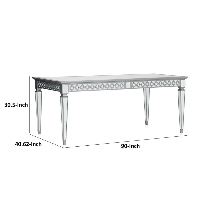 Ada 72-90 Inch Dining Table, Extendable Rectangular Top, Mirrored, Silver - Benzara