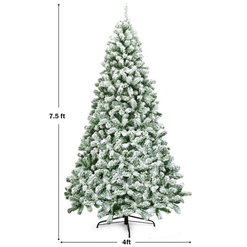 Hivvago 7.5 Feet Snow Flocked Artificial Christmas Tree Hinged with 1346 Tip and Foldable Base