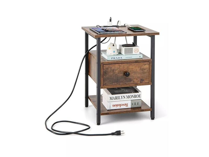 SUGIFT 3-Tier Nightstand with Charging Station and Drawer