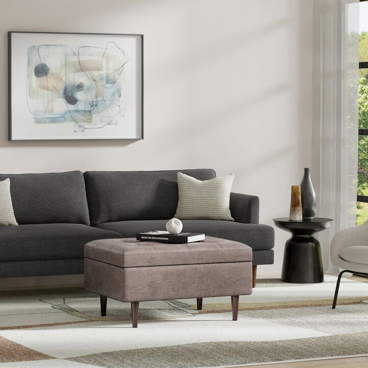 Simpli Home Small Coffee Table Storage Ottoman In Distressed Grey Taupe Vegan Faux Leather