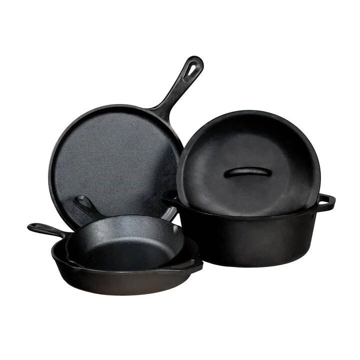 Complete 5-Piece Cast Iron Cookware Set – Durable Dutch Oven, Griddle, and Skillets Complete 5-Piece Cast Iron Cookware Set – Durable Dutch Oven, Griddle, and Skillets