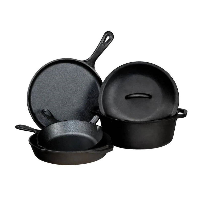 Complete 5-Piece Cast Iron Cookware Set – Durable Dutch Oven, Griddle, and Skillets
