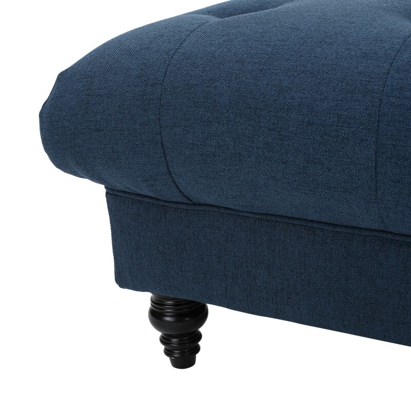 Capri Ottoman, Tufted Navy Blue Fabric, Birch Wood, Square 41 Inch -Benzara