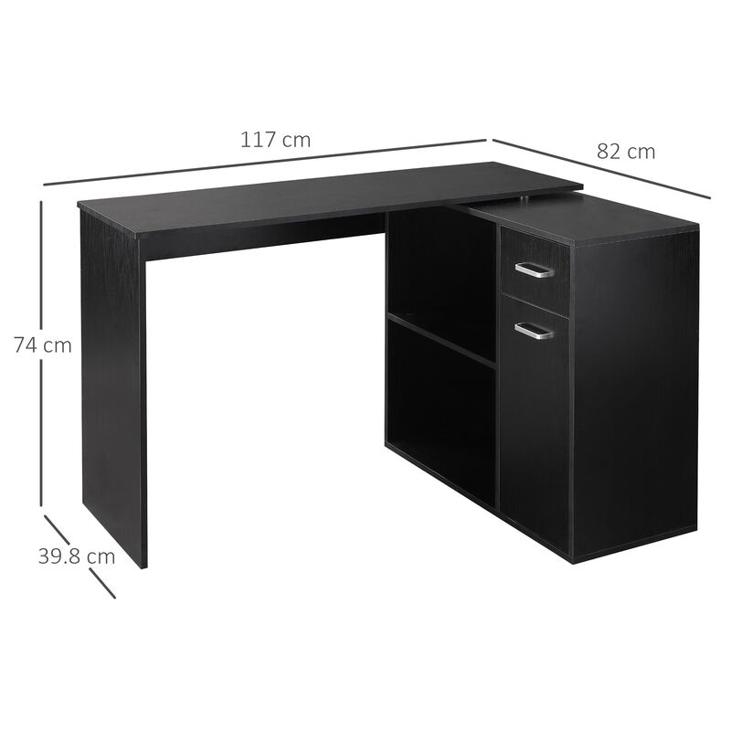 180 Rotating Corner Desk with Storage Shelves and Drawer, Black