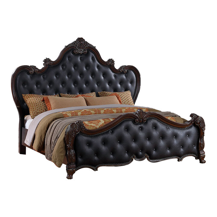 Venta Queen Bed, Brown Frame, Black Button Tufted Faux Leather Upholstery - Benzara
