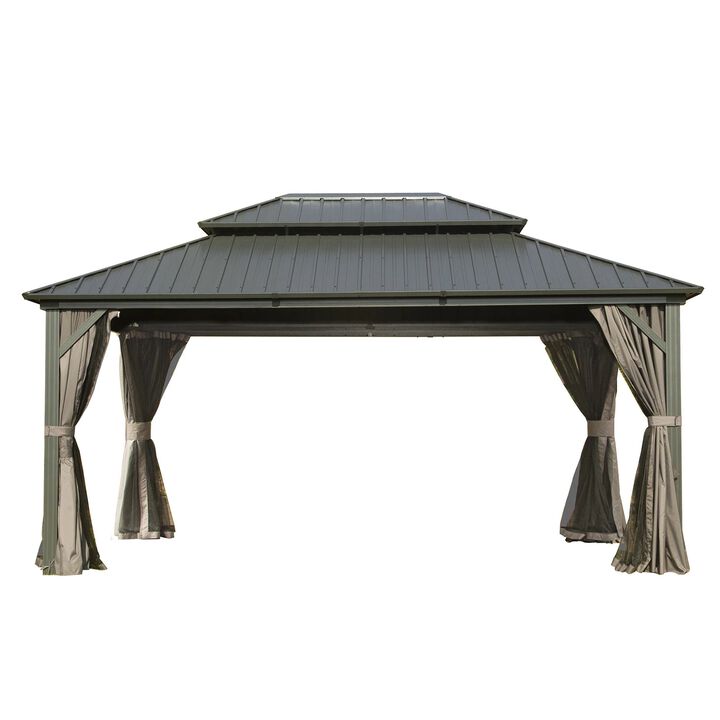 Mondawe 12 ft. x 12 ft. Brown Cedar Wood Frame Hardtop Gazebo with Galvanized Steel Double Roof, Curtains and Netting
