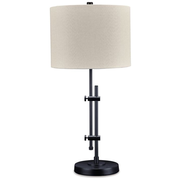 Mney Table Lamp, Adjustable Arm, White Drum Shade, 28 Inch Black Metal - Benzara