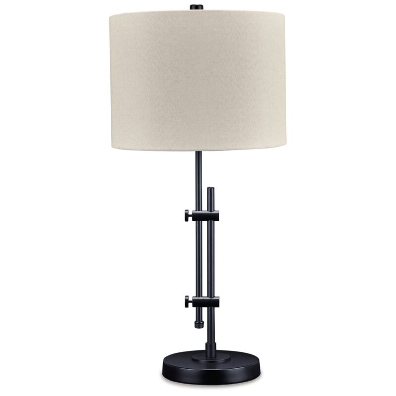 Mney Table Lamp, Adjustable Arm, White Drum Shade, 28 Inch Black Metal - Benzara