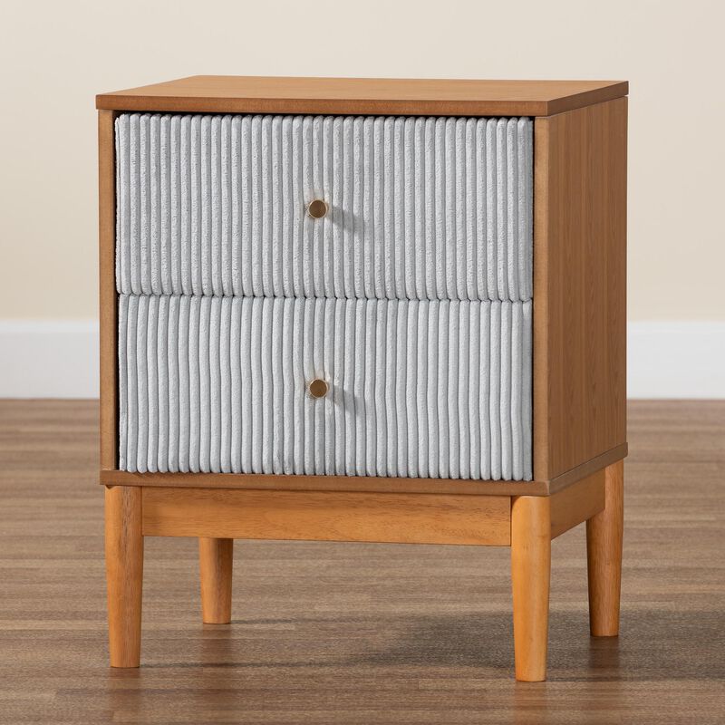 Baxton Studio Taylin Mid Century Grey Corduroy and Oak Brown Wood 2 Drawer Nightstand