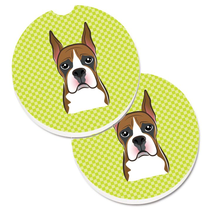 Caroline's Treasures Checkerboard Lime green Boxer Set of 2 Cup Holder Car Coasters BB1285CARC, 2.56, Multicolor