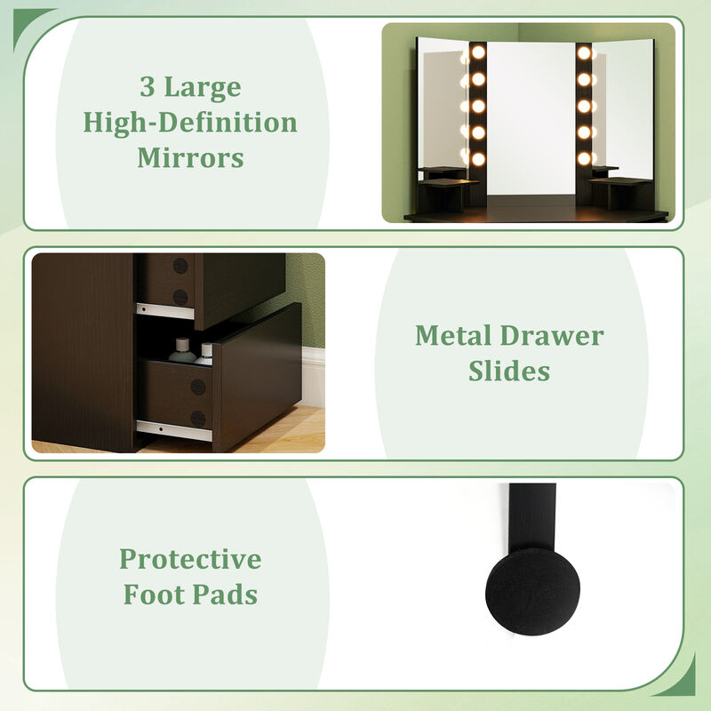 Corner Vanity Desk with 3-Color LED Lighted Mirror and Power Outlet