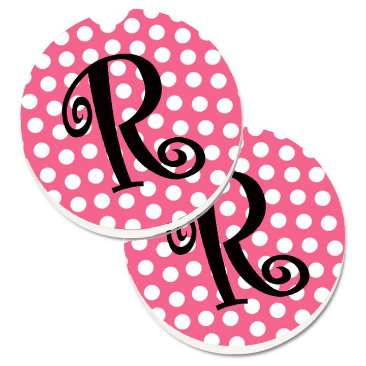 Caroline's Treasures Letter R Monogram - Pink black Polka Dots Set of 2 Cup Holder Car Coasters CJ1001-RCARC, 2.56, Multicolor