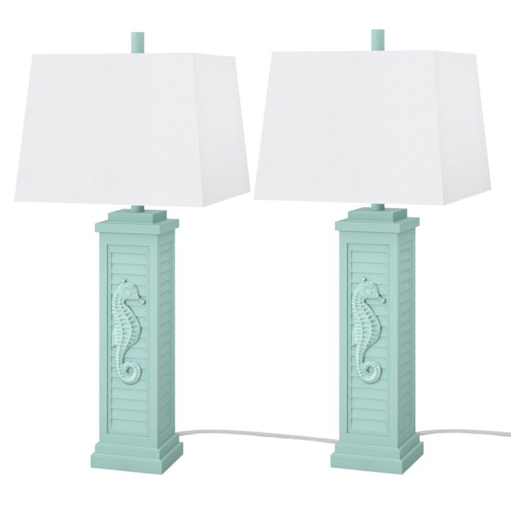 Lux Lighting Sea Horse Shutter 32” Resin Teal Lamp with USB, (Set of 2)