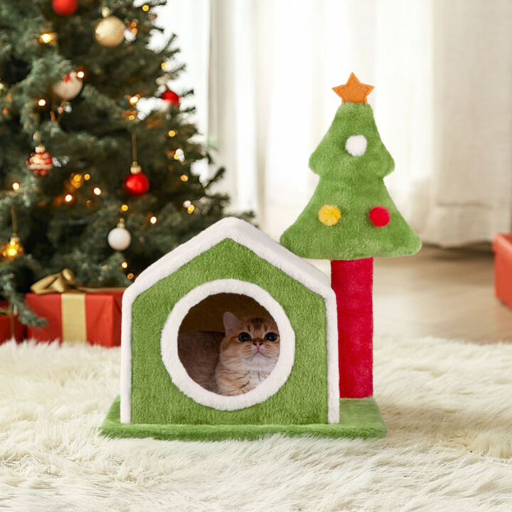 Festive Christmas Cat Cave Bed, Soft Plush Hideout Nest for Indoor Cats & Small Pets