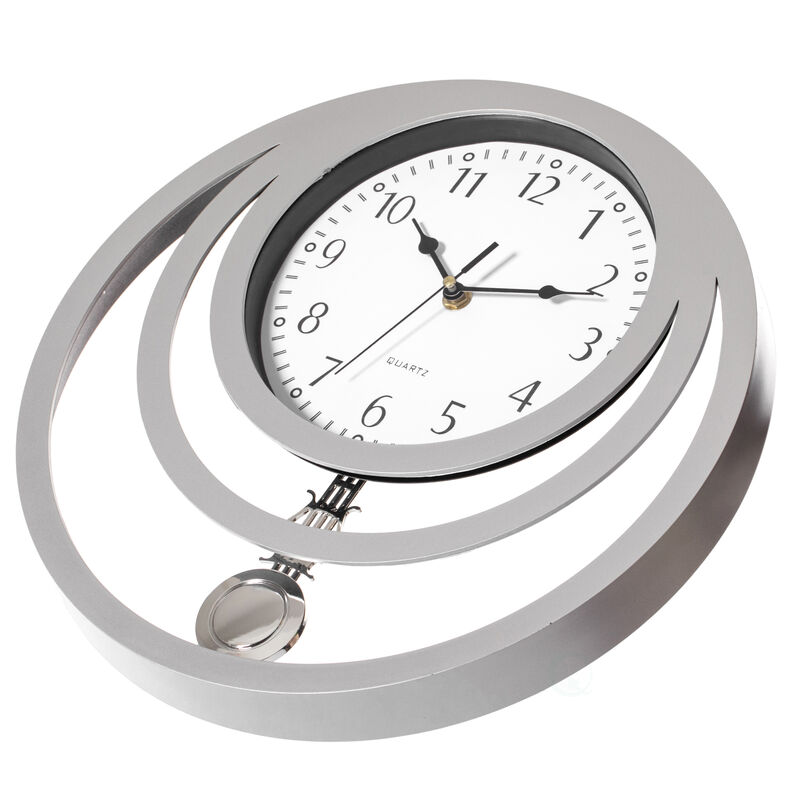 Decorative Modern Unique Round Plastic Wall Clock with Circles, for Living Room, Kitchen, or Dining Room, Silver