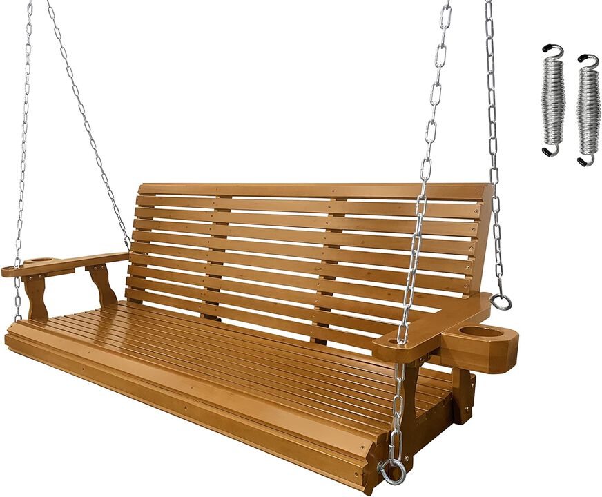 Wooden Porch Swing 3-Seater, Bench Swing with Cupholders, Hanging Chains and 7mm Springs, Heavy Duty 800 LBS, for Outdoor Patio Garden Yard, Brown-5 feet Extra Large
