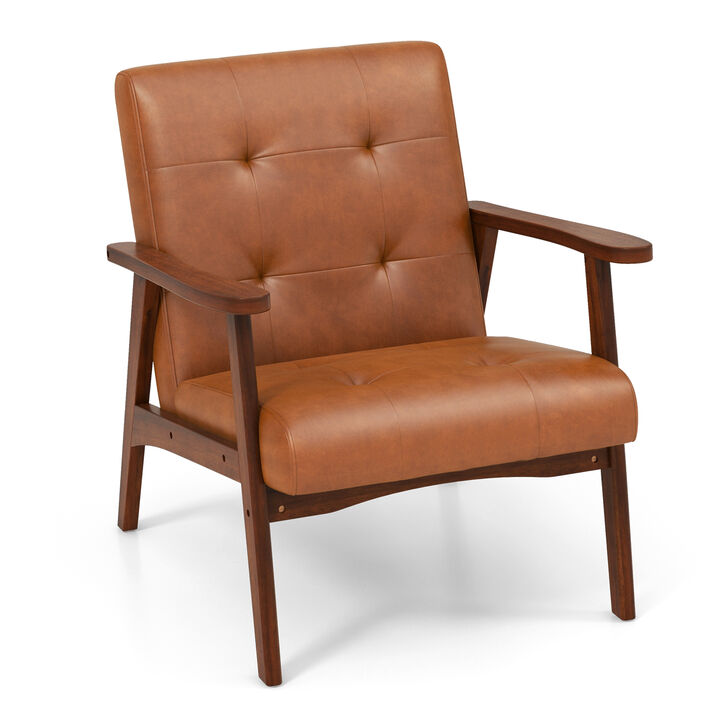 Mid Century Modern Accent Chair with Solid Rubber Wood Frame and Leather Cover