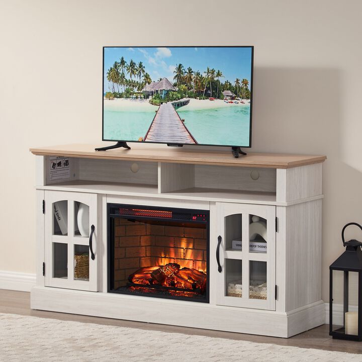 Mondawe 58" Entertainment Center with 23" Electric Fireplace, TV Table for TVs up to 70 Inch, Media Console Cabinet with Storage and Glass Doors for Living Room,Bedroom