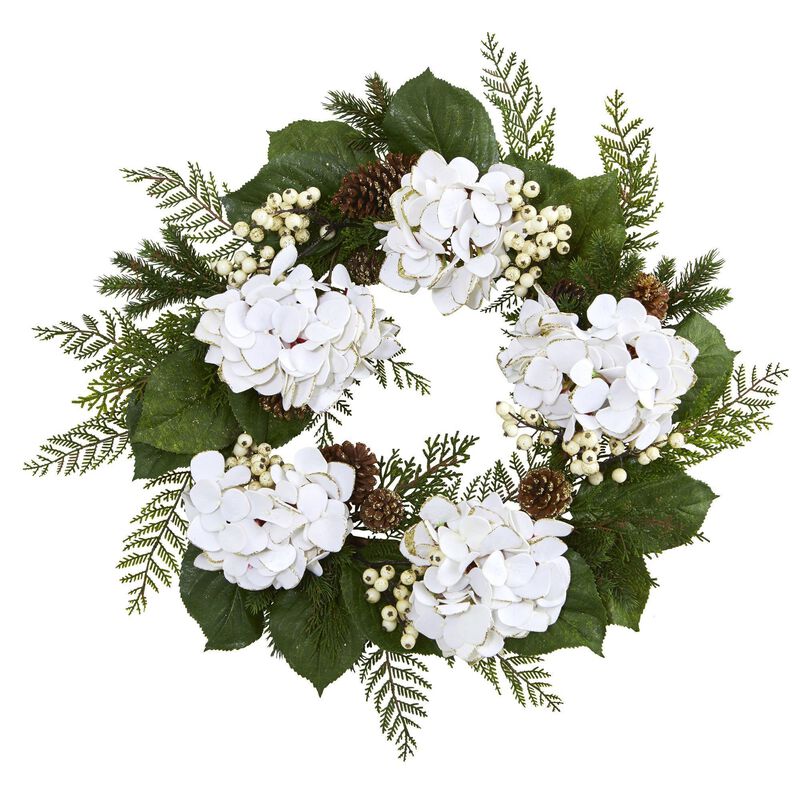 Nearly Natural 24-in Gold Trimmed Hydrangea and Berry Wreath