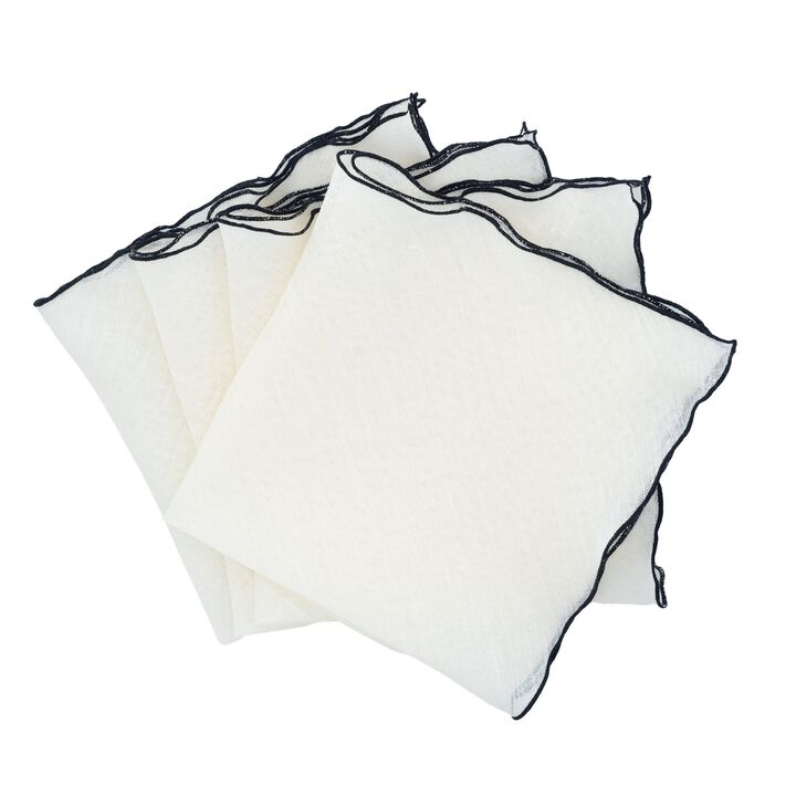Linen Napkins With Black Ruffled Edges, Set of 4