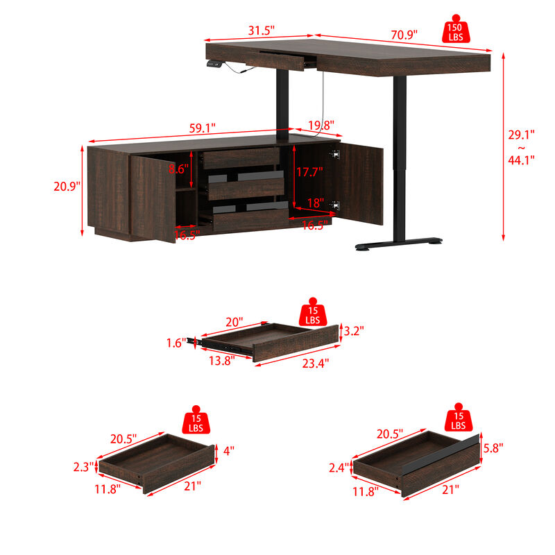 FUFU&GAGA Modern Brown Wood Grain Height-Adjustable Desk with Storage, P2 MDF, with Glass Drawers and Adjustable Shelves (70.9" W x 29.1"~44.1" H x 31.5" D), Brown