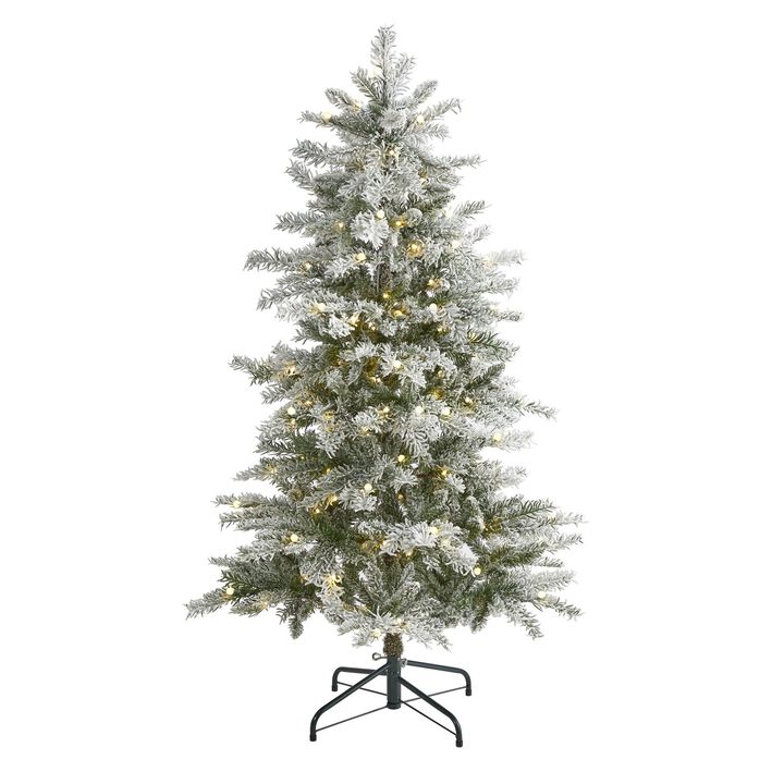 Nearly Natural Slim Flocked Nova Scotia Spruce Artificial Christmas Tree with Warm White LED Lights and Bendable Branches