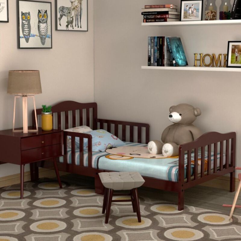 Hivvago Classic Design Kids Wood Toddler Bed Frame with Two Side Safety Guardrails