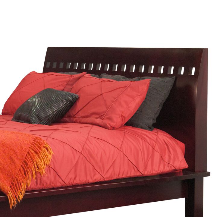Mox Queen Platform Bed, Espresso Brown Wood, Cut Out Headboard, Block Legs - Benzara