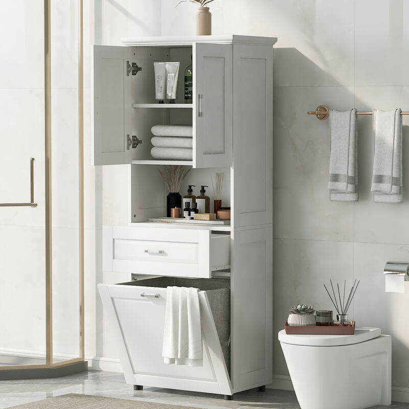 Merax Tall Bathroom Cabinet with Laundry Basket
