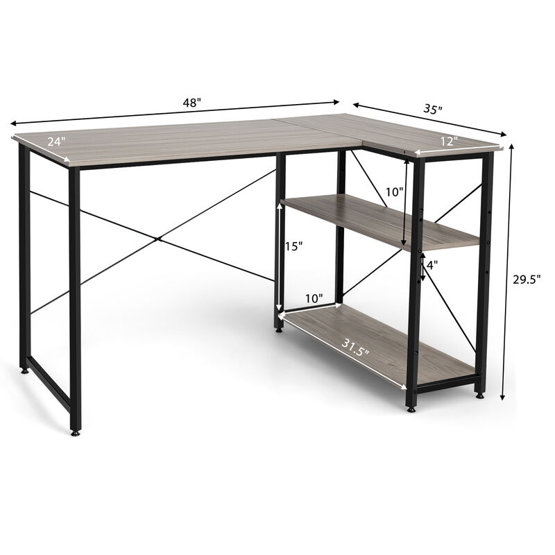 Costway 48'' Reversible L Shaped Computer Desk Home Office Table Adjustable Shelf Brown