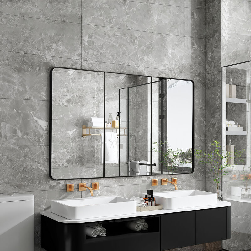 Basicwise 3-Door Aluminum Bathroom Medicine Cabinet, Round Corner Framed Door - Versatile Recessed Medicine Cabinet or Surface Mount, Mirrored Door Cabinet with Adjustable Glass Shelves, Matte Black