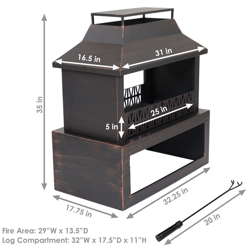 Sunnydaze 32 in Steel Outdoor Fireplace with Log Storage - Brushed Bronze