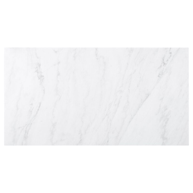 Shoy 72 Inch Dining Table, Rectangular White Marble Top, Trestle, Brown - Benzara