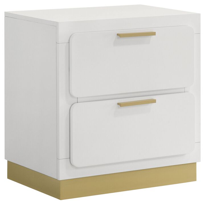 Caer Nightstand, 2 Drawers, Gold Accent Recessed Base, Bar Handles, White - Benzara