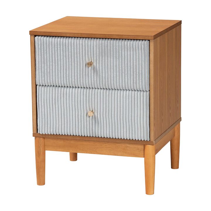 Baxton Studio Taylin Mid Century Grey Corduroy and Oak Brown Wood 2 Drawer Nightstand