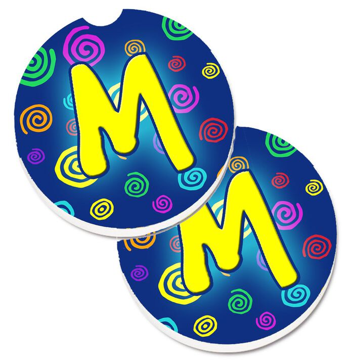 Caroline's Treasures Letter M Initial Monogram - Blue Swirls Set of 2 Cup Holder Car Coasters CJ1011-MCARC, 2.56, Multicolor