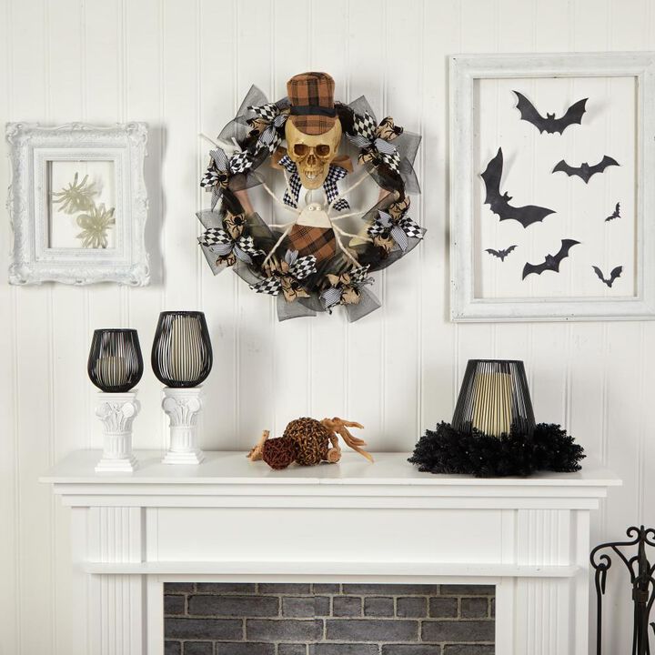 Hivvago 24" Halloween Skull in Plaid Mesh Wreath