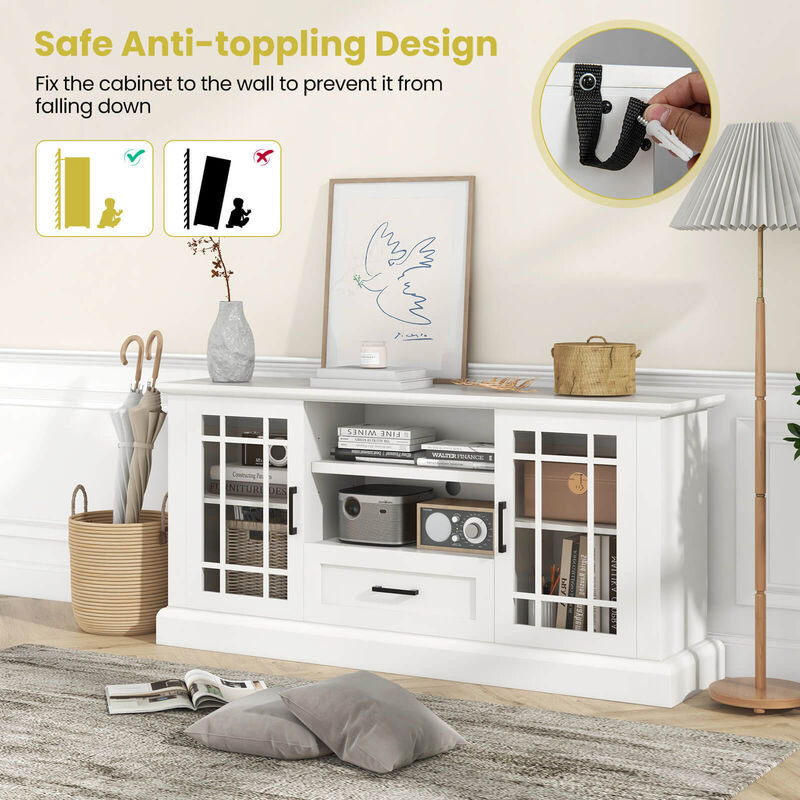 TV Stand for TVs up to 70" with Glass Doors, Cubbies, and Drawer Storage